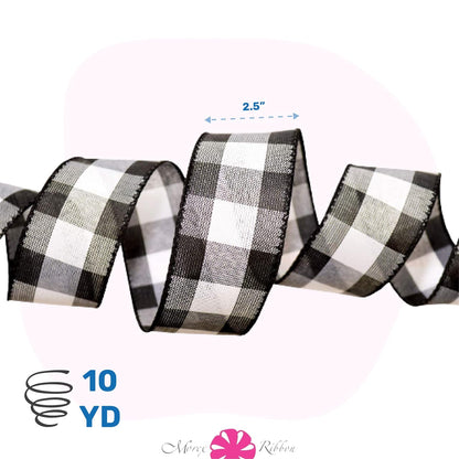 Morex Ribbon Cambridge - Cinta a Cuadros con Alambre en Blanco y Negro, 2.5 Pulgadas X 10 Yardas