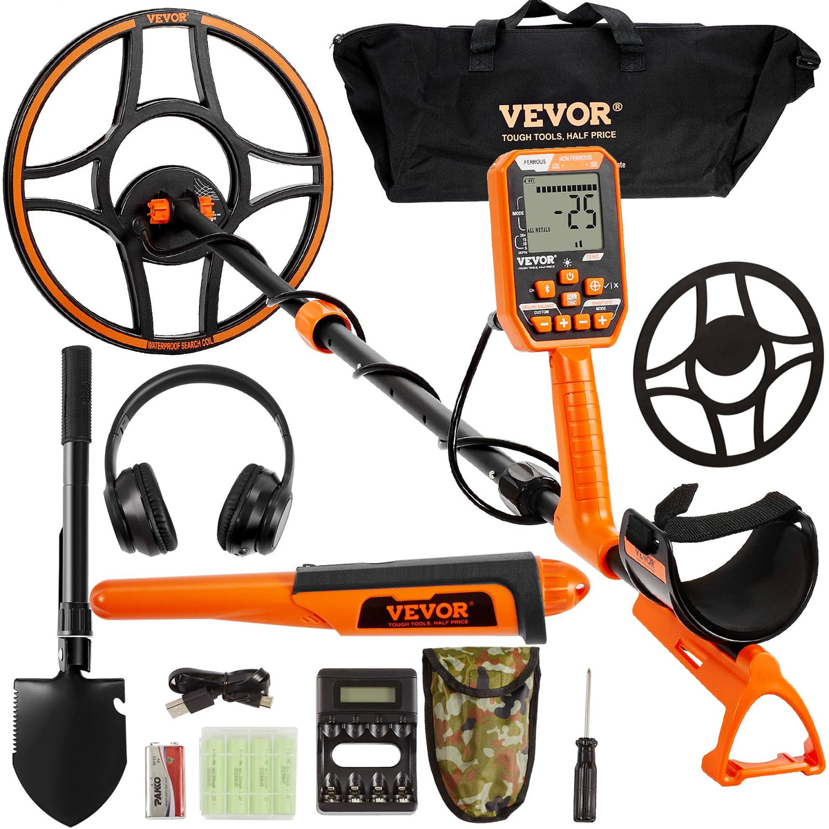 VEVOR Detector de Metales Impermeable, Bobina de 12 Pulgadas, Detector Profesional Recargable Dorado, 39-50 Pulgadas, Ajustable con LCD de 7 Modos avanzados DSP Chip Bluetooth, IP68 para detectar la