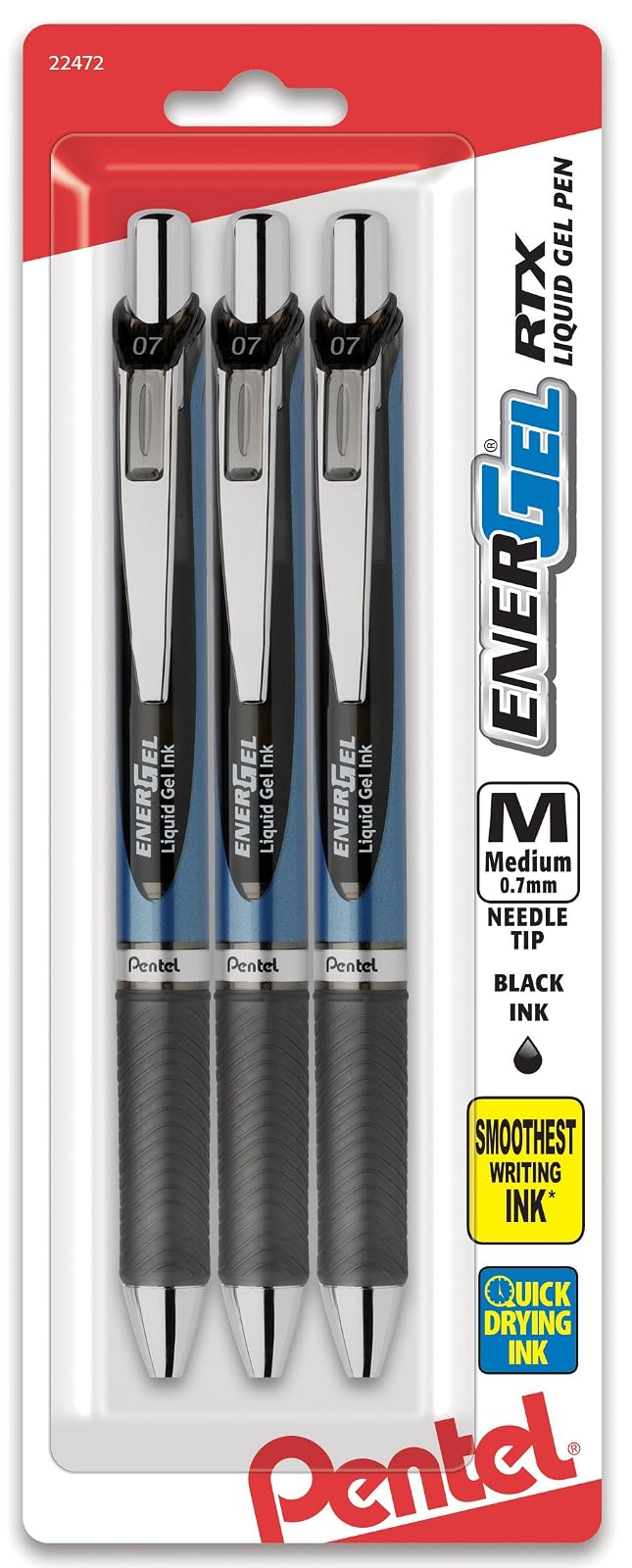 Pentel EnerGel RTX Bolígrafos Retráctiles de Tinta Líquida de Gel - Aguja de de 0.7mm - 3 Unidad (Paquete de 1) - Negro