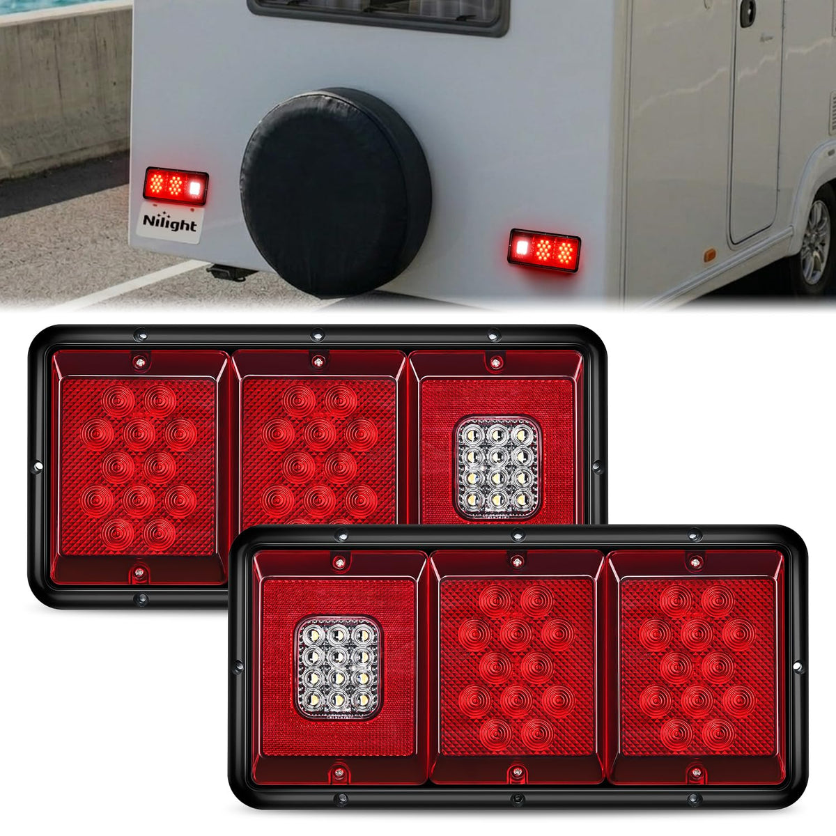 Nilight LED Triple Tail Light 2PCS Rectangle Red Stop Brake Turn Signals White Reverse Back Up Lights Surface Mount Waterproof Trailer Camper Van RV Caravan Taillights