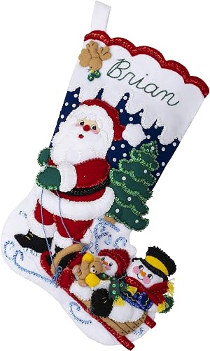 Bucilla - Apliques de fieltro para hacer medias de 45,7 cm, trineo con Papá Noel, perfecto para manualidades y manualidades, 89477E