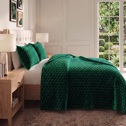 Tribeca Living - Juego de edredón de Terciopelo para Cama de 3 Piezas Lugano con Punto de Panal, Terciopelo súper Suave de 260 g/m², edredón de Gran tamaño y Dos Fundas de Almohada, Color Verde