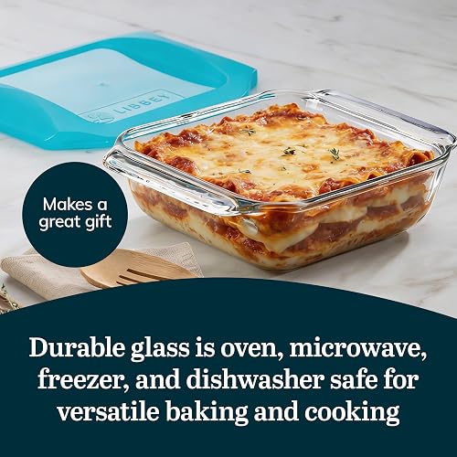 Libbey Baker's Premium - Juego de 2 platos de vidrio para hornear de 8 x 8 pulgadas con tapas, utensilios apilables con asas GreatGrip, platos cuadrados cubiertos duraderos