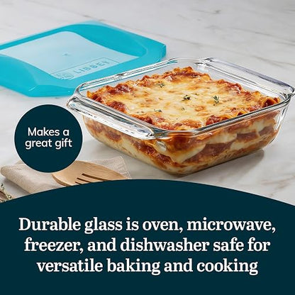 Libbey Baker's Premium - Juego de 2 platos de vidrio para hornear de 8 x 8 pulgadas con tapas, utensilios apilables con asas GreatGrip, platos cuadrados cubiertos duraderos