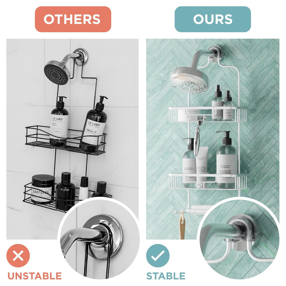 Zenna Home - Organizador de ducha colgante a prueba de óxido, sobre el cabezal de ducha con 2 estantes y ganchos integrados, organizador colgante de baño de aluminio, cromo satinado