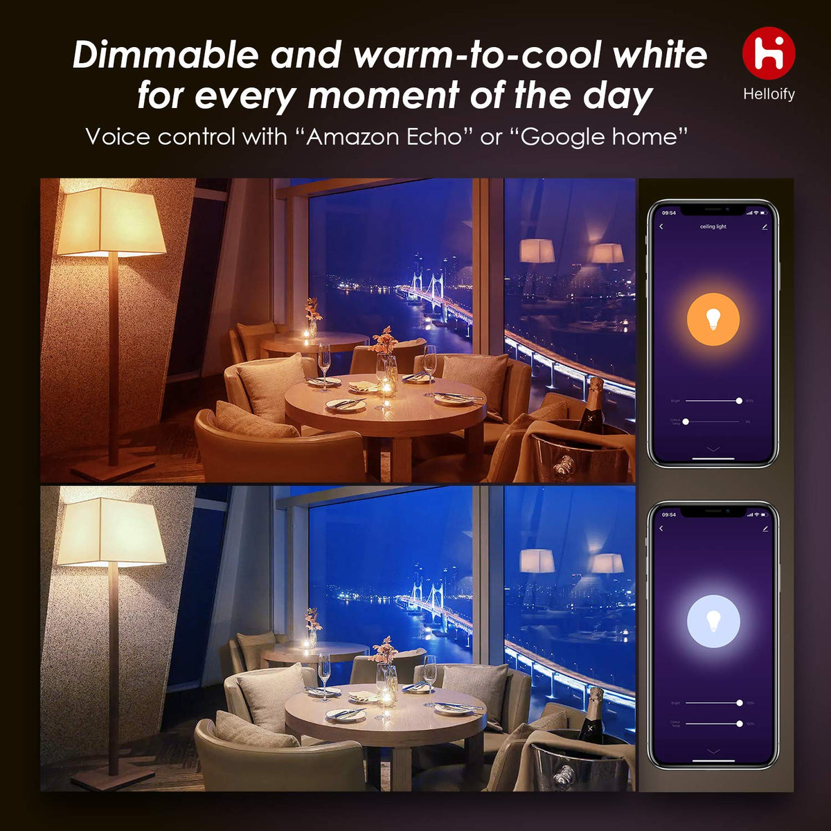 Helloify A19 Smart WiFi LED Light Bulbs, Tunable Changing, Warm to Cool White Dimmable, Work with Alexa & Google Home (No Hub), 60W Equivalent E26, 2700K-6500K, 2 Count