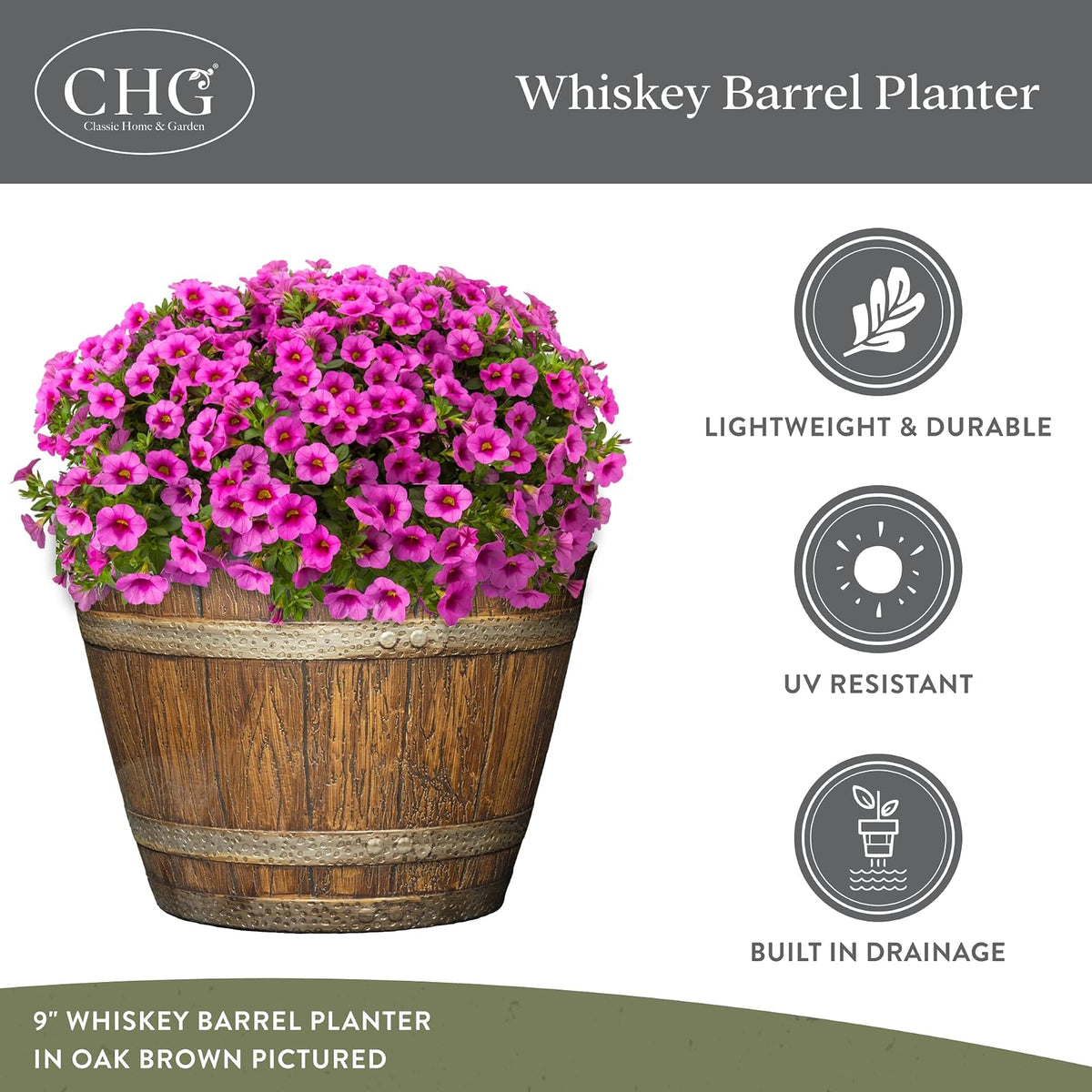 Whiskey Barrel Planter, Distressed Oak, 9" (Durable high density resin construction)