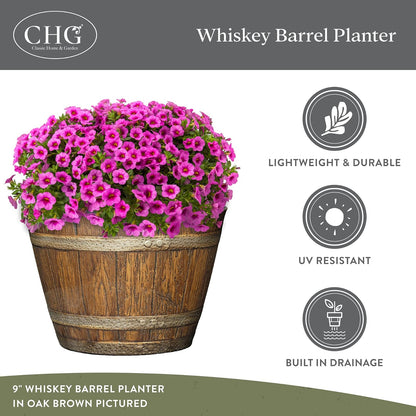 Whiskey Barrel Planter, Distressed Oak, 9" (Durable high density resin construction)