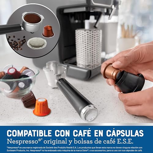 Oster Cafetera PrimaLatte 2 Touch con Panel Táctil y 19 Bar de Presión | Prepara espresso, cappuccino y latte, compatible con café molido, sobres E.S.E. y cápsulas Nespresso, Gris, BVSTEM6801M