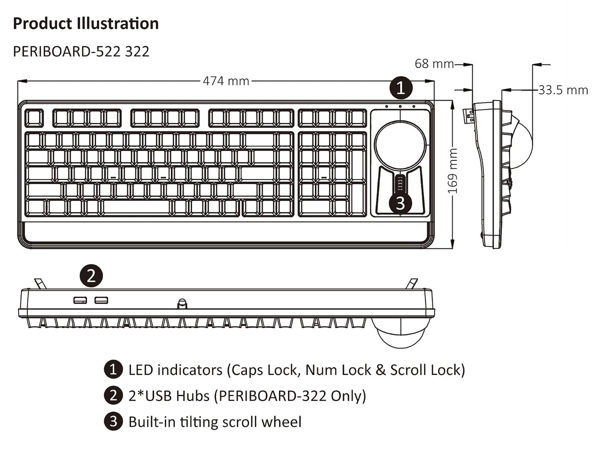 Perixx Periboard-322 Teclado mecánico con Cable con 2 hubs, Trackball Grande de 2.17 Pulgadas, diseño retroiluminado RGB, diseño de inglés Estadounidense (PB-322BUS-11577)