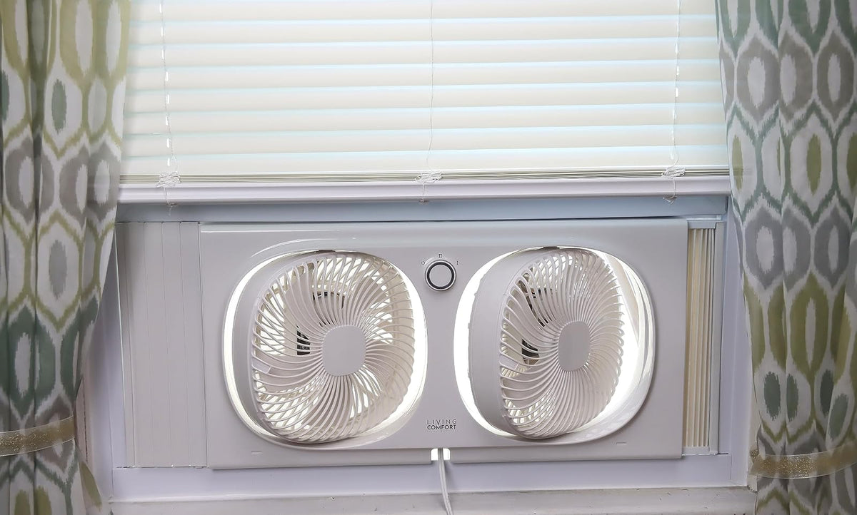Comfort Zone Living Comfort Ventilador de ventana doble de 9 pulgadas con 2 velocidades y cabezales giratorios individualmente de 180°, visualización extraíble para insectos, ideal para el hogar