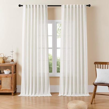 Joydeco Cortinas de Lino para Sala, Filtrantes de Luz, Juego de 2 - 94An x 213.4Al cm (2 Paneles) - Blanquecino