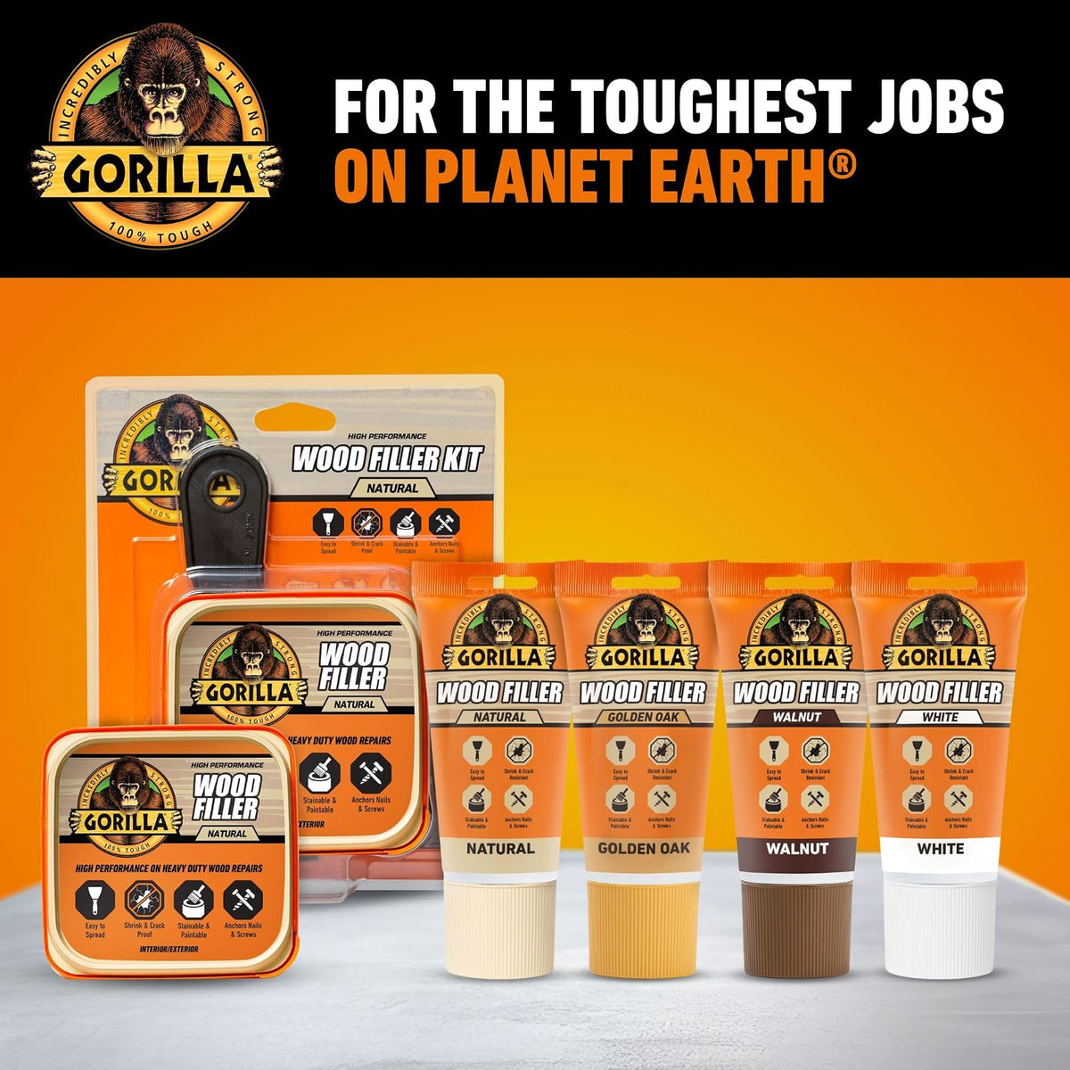 Gorilla - Kit de relleno de madera multiusos, con cuchillo de masilla y | Repara grietas y agujeros, acabado lijable suave, resistente al agua, reparación de alto rendimiento