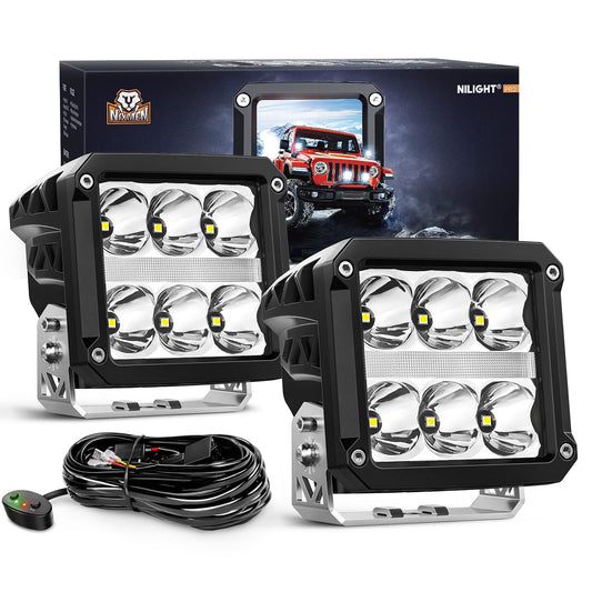 Nilight 4 Inch Square LED Pod Lights with DRL 60W 6487LM 10 Degree Super Spot Beam 16AWG Wiring Harness Kit for Auxiliary Offroad Driving Work Lamp for Truck UTV ATV SUV 4x4 Jeep