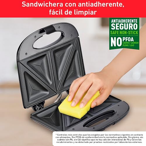T-FAL Sandwichera compacta antiadherente | Recubrimiento antiadherente, negra, prepara 2 porciones de sándwiches o paninis, luz indicadora, fácil de limpiar. SM2118MX