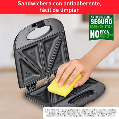 T-FAL Sandwichera compacta antiadherente | Recubrimiento antiadherente, negra, prepara 2 porciones de sándwiches o paninis, luz indicadora, fácil de limpiar. SM2118MX