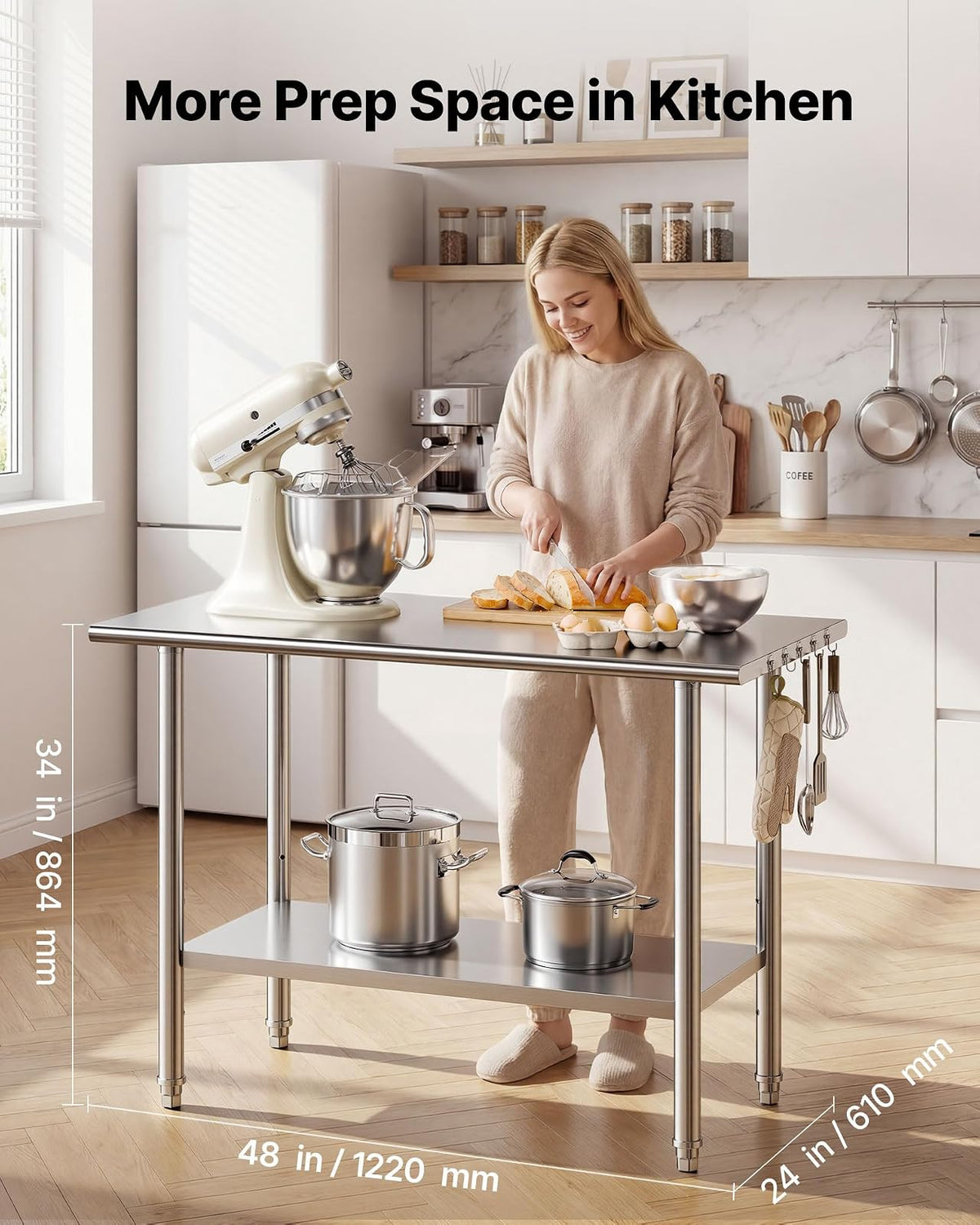 VEVOR Mesa de Preparación de 2 Niveles 122 x 61 x 86,4 cm, Mesa de Trabajo de Acero Inoxidable, con Estante Inferior Ajustable, Bordes Redondeados, para Restaurantes, Hoteles, Cocinas, Garajes