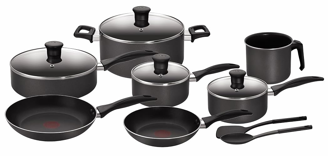 T-FAL Bateria de Cocina de 13 piezas Family Cook Gris con antiadherente Resist Plus 100 seguro para tu salud. Todo lo que necesitas para tu cocina. Tecnología Thermo-Señal, B479SD84.