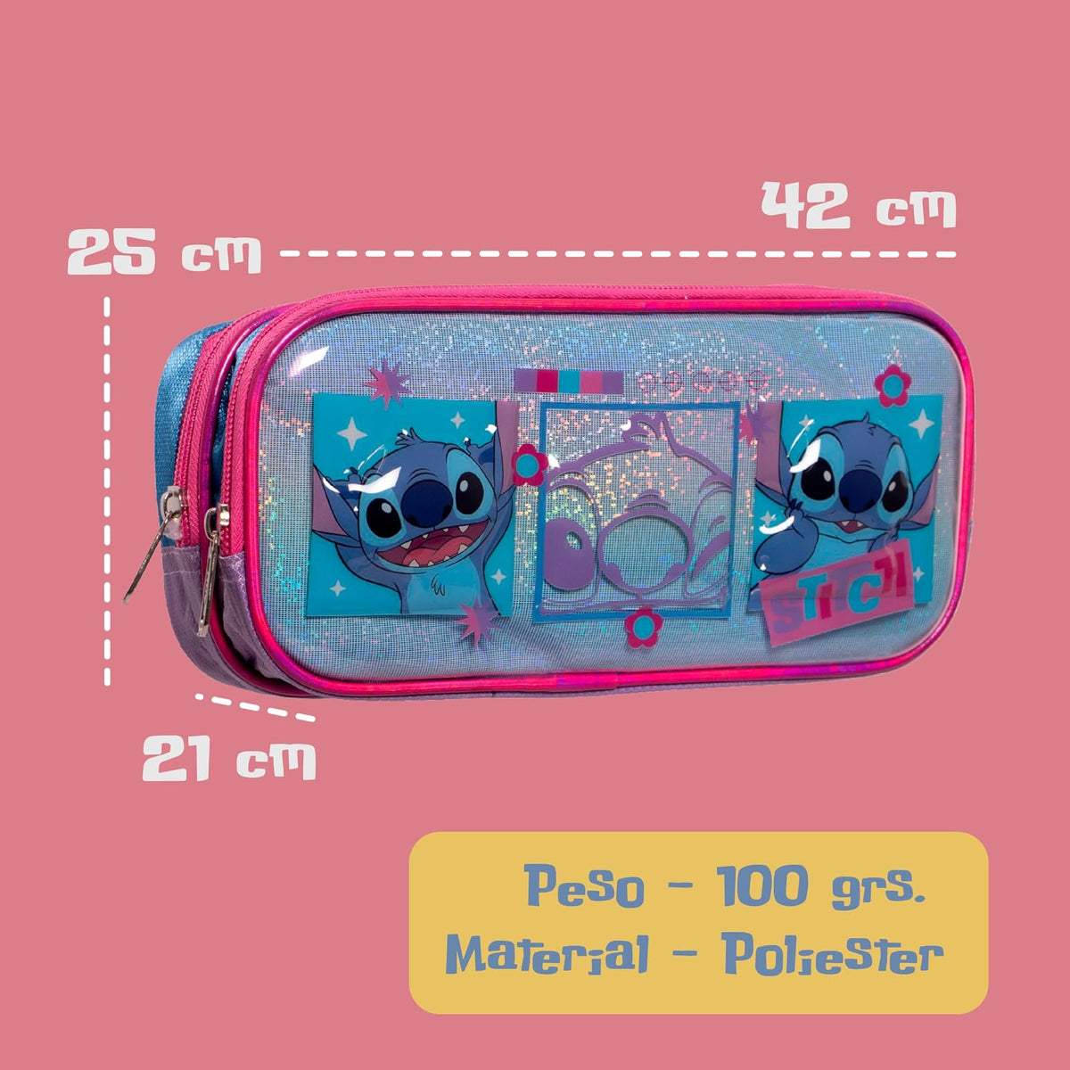 Ruz Lapicera Doble Infantil y Preescolar | Stitch | 100% Poliéster | Bolsa Escolar para Niños con Bolsillos Organizadores y Cierre de Cremallera | Recomendado desde 3 años
