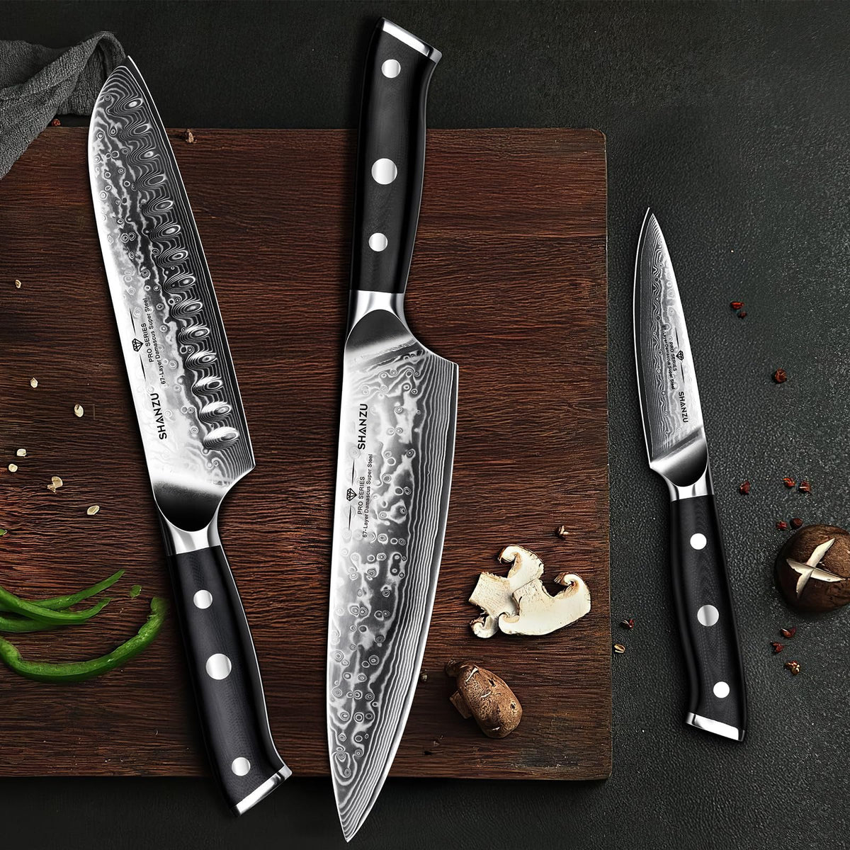 SHAN ZU 3 Piezas Juego de Cuchillo de Cocina, Set Cuchillo de Cocina Japones de Acero de 67 Capas, Cuchillo de Chef Cuchillo Santoku Cuchillo Pelador - PRO Series