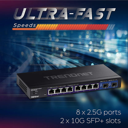 TRENDnet Switch Inteligente TEG-3102WS, 10 Puertos (8 x 2.5GBASE-T + 2 x SFP+ 10G), Carcasa Metálica, Compatible NDAA/TAA, Garantía de por Vida