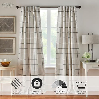 Elrene Home Fashions Brighton - Cortina oscurecedora a Cuadros para Ventana, Sala de Estar y recámara con pestañas de Bolsillo para Barra, 52 x 95 Pulgadas, 1 Panel