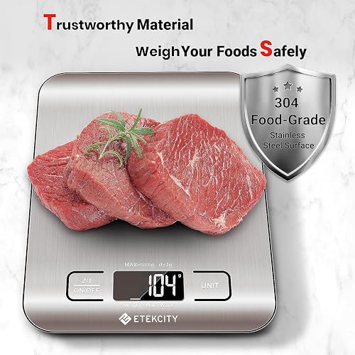 Etekcity Báscula de Cocina Digital de Precisión, Balanza Cocina de Acero Inoxidable 5 kg/ 11 lbs, Peso Cocina Multifuncional, Pantalla LCD, 2 Baterías Incluidas