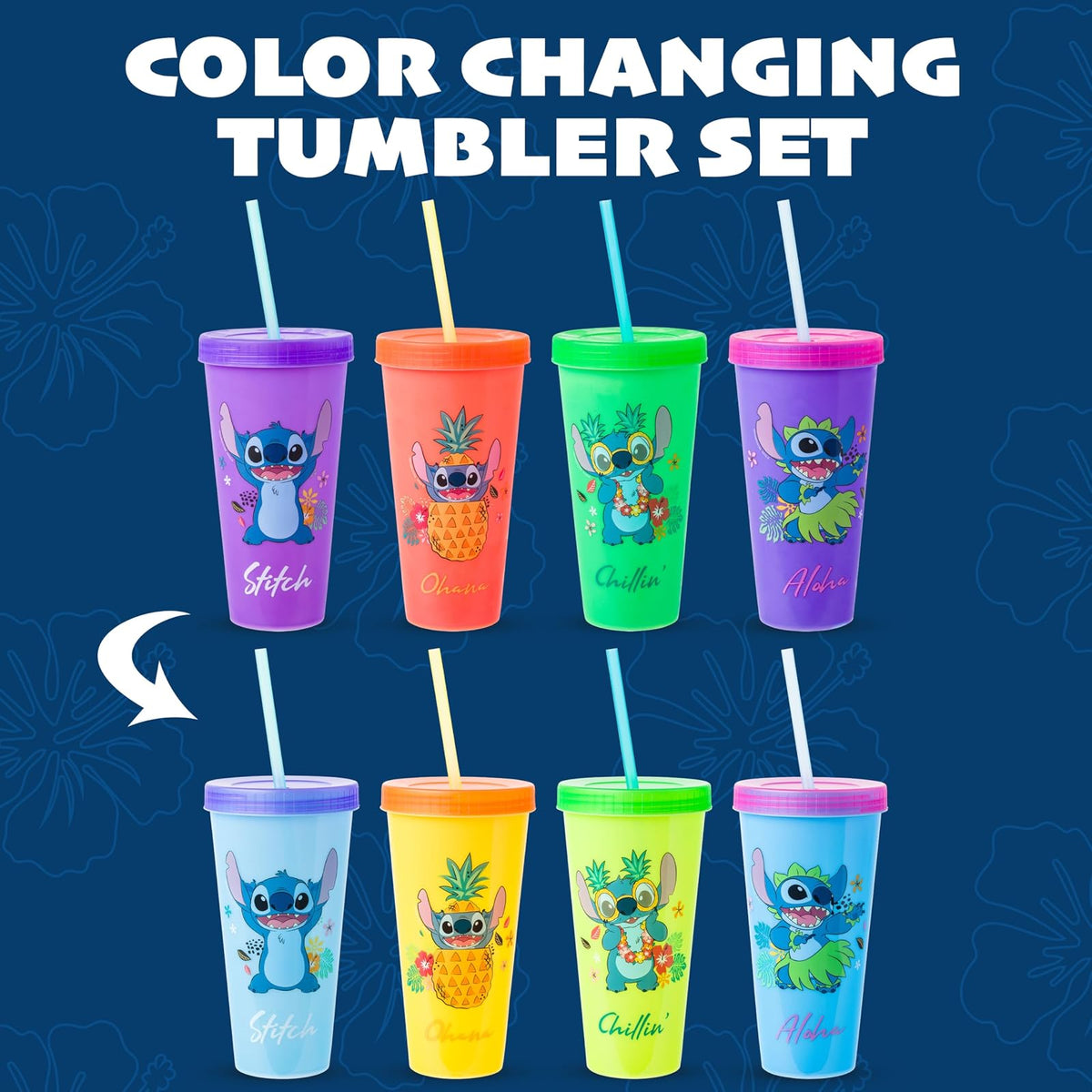 Silver Buffalo Disney Lilo and Stitch Tropical Poses Paquete de 4 vasos de plástico con cambio de color, 24 onzas