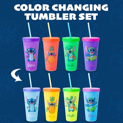 Silver Buffalo Disney Lilo and Stitch Tropical Poses Paquete de 4 vasos de plástico con cambio de color, 24 onzas