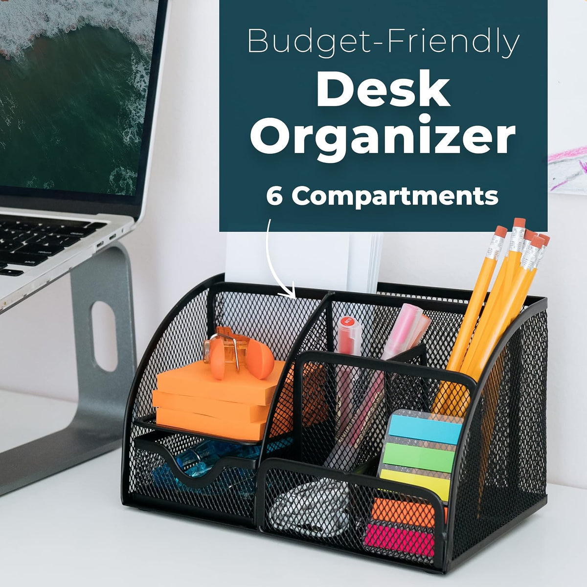 greenco Malla Suministros de Oficina Organizador de computadora Caddy, 6 compartimentos, color negro