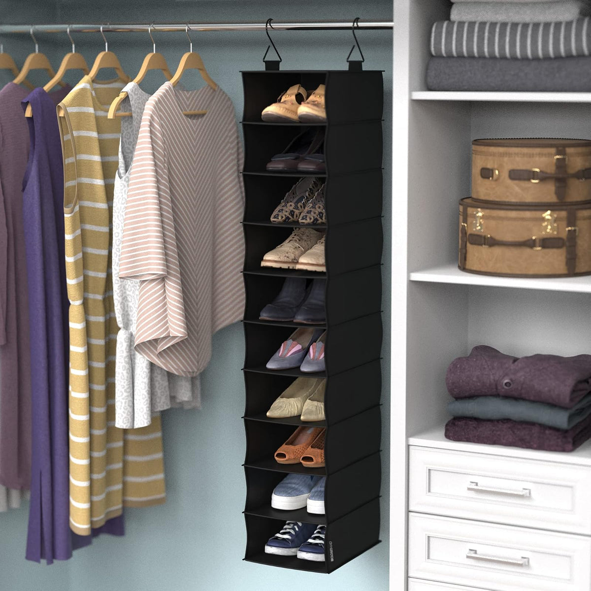 ClosetMaid Organizador de Armario Colgante de Tela de 10 estantes para Zapatos, Sombreros, Bolsos, Ropa con Acabado Negro carbón