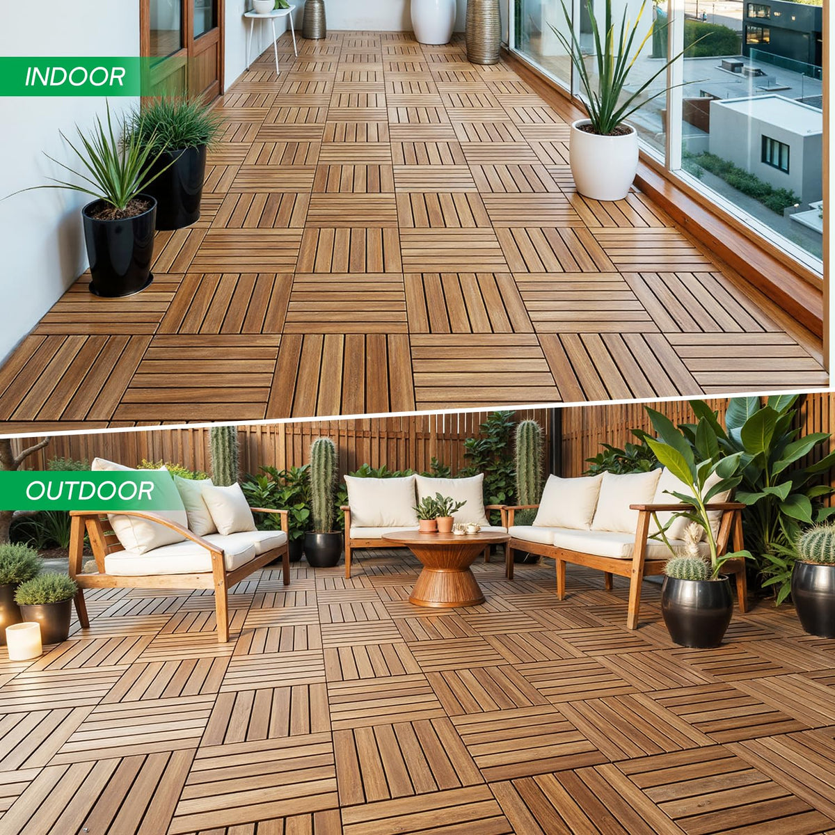 IDZO - Azulejos de cubierta entrelazados, 10 baldosas impermeables de madera de acacia, piso duradero para espacios interiores y exteriores, ideal para patios, balcones, cubiertas, cobertizos