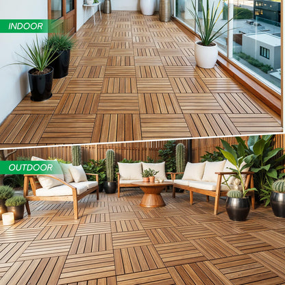IDZO - Azulejos de cubierta entrelazados, 10 baldosas impermeables de madera de acacia, piso duradero para espacios interiores y exteriores, ideal para patios, balcones, cubiertas, cobertizos