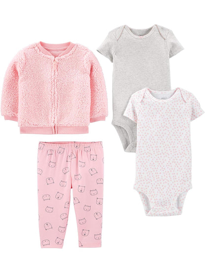 Carter's Simple Joys Conjunto de 4 Piezas: Chamarra, Bodies y Pantalón para Niña - 0-3 Meses - Gris - Rosa - White Hearts - Cat