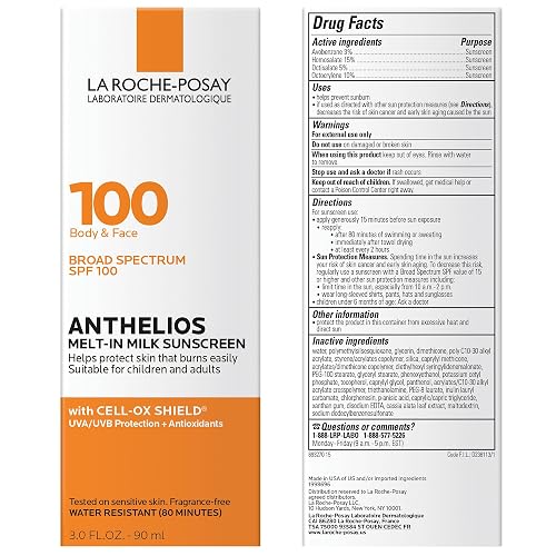 La Roche-Posay Anthelios Melt-in Milk Body & Face Sunscreen Lotion Broad Spectrum SPF 100, Oxybenzone & Octinoxate Free, Sunscreen for Kids, Adults & Sun Sensitive Skin, Unscented, 3 Fl oz