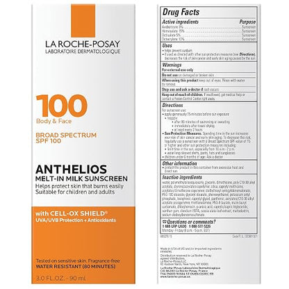 La Roche-Posay Anthelios Melt-in Milk Body & Face Sunscreen Lotion Broad Spectrum SPF 100, Oxybenzone & Octinoxate Free, Sunscreen for Kids, Adults & Sun Sensitive Skin, Unscented, 3 Fl oz