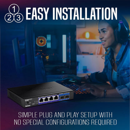 TRENDnet - Interruptor multigig no administrado de 6 Puertos, 4 Puertos 2.5GBASE-T, 2 Puertos SFP+ de 10 G sin Ventilador, diseño Compacto de computadora, Carcasa de Metal, Interruptor Ethernet de