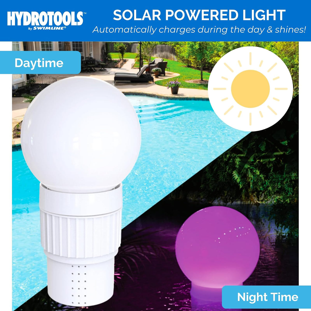 Swimline HYDROTOOLS Dispensador Flotante de Cloro para Piscinas sobre el Piso y en el Piso, | Alimentación Solar LED con iluminación Colorida decoración de Piscina | Pestañas flotantes de