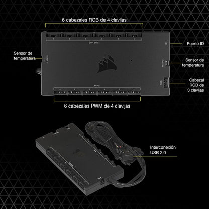 CORSAIR iCUE COMMANDER CORE XT, controlador digital de iluminación RGB y velocidad de ventiladores (Hasta 6 ventiladores PWM y 264 LEDs RGB, Modo cero RPM, Monitoreo temperatura) Negro