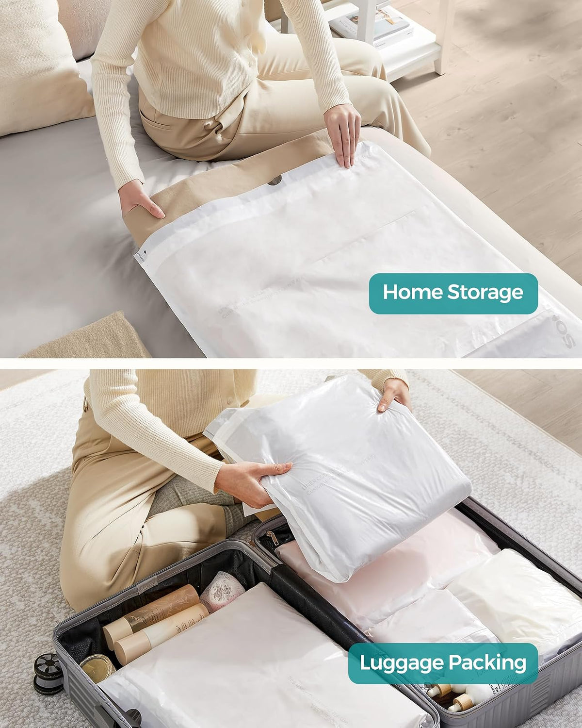 SONGMICS - Bolsas de basura para latas de basura de 12 a 14.5 galones (45-55 l), 80 bolsas de basura de cocina con cordón, preseparadas, código de forro 055A01, 2 rollos, blanco UKRB055A02
