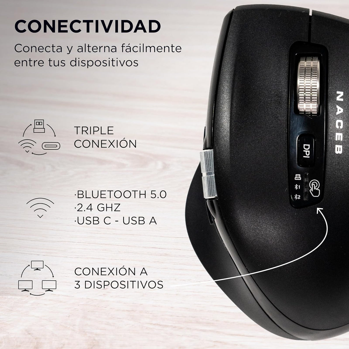 Naceb Technology Mouse Inalámbrico Doble Scroll - Bluetooth y 2.4GHz - Ergonómico con Rueda Lateral y Botón dpi - NA-0133