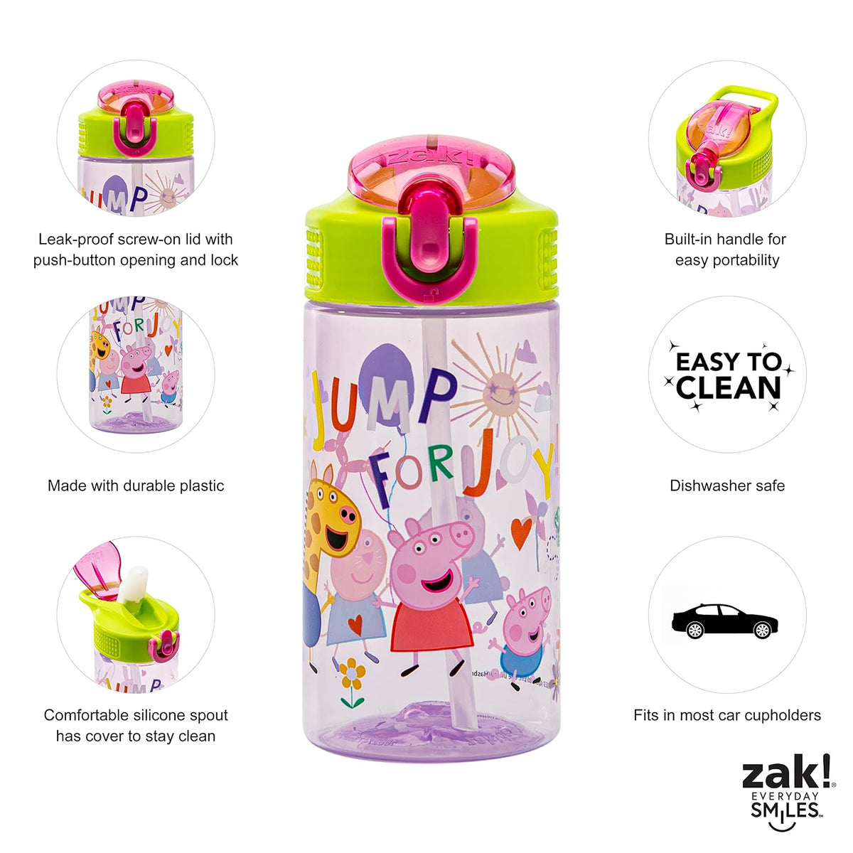 Zak Designs - Botella de agua de Peppa Pig de 16 onzas con Peppa & Friends, plástico duradero | Niños, para la escuela o viajes, con popote, mango, a prueba de fugas, cubierta de boquilla desplegable