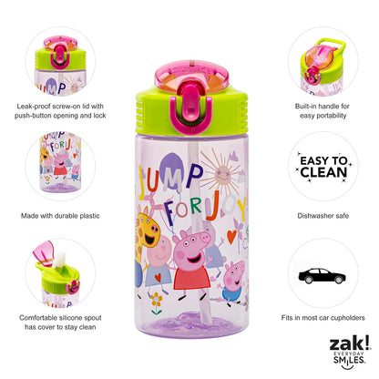 Zak Designs - Botella de agua de Peppa Pig de 16 onzas con Peppa & Friends, plástico duradero | Niños, para la escuela o viajes, con popote, mango, a prueba de fugas, cubierta de boquilla desplegable