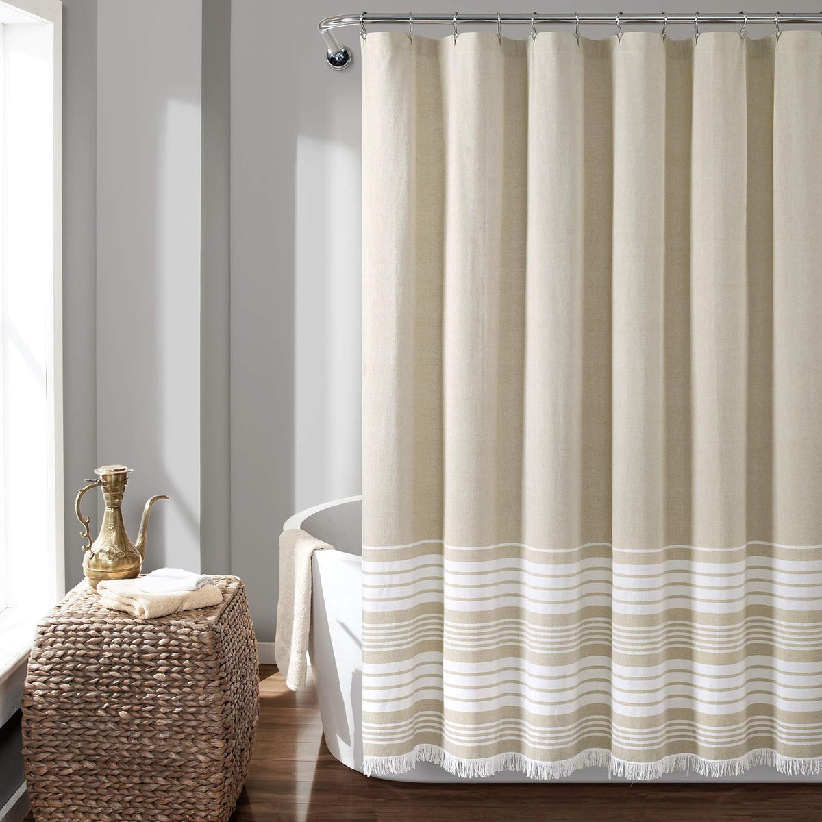 Lush Decor Nantucket - Cortina de Ducha con Flecos de algodón teñido, 72 x 72 Pulgadas, Color Gris Pardo - Gris pardo