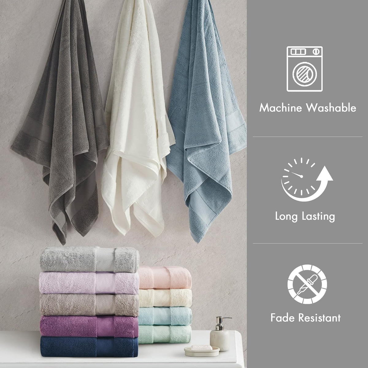 Madison Park - Juego de Toallas de baño Turco, 100% algodón, 600 g/m², de Lujo, Gruesas, Suaves, absorbentes, para baño, Ducha, Manos, Cara, Varios tamaños, Blanco, 6 Piezas