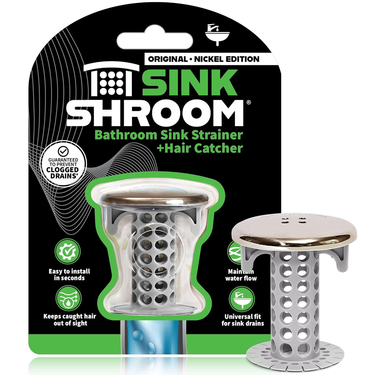 SinkShroom - Protector de desagüe para Lavabo de baño, diseño de níquel - Sinkshroom Níquel Edición - Modern