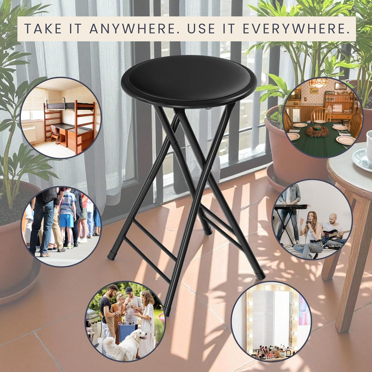 Trademark Home 82-0827 Black Cushioned Folding Stool, 24"