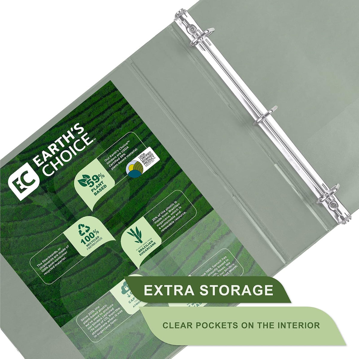 Samsill Anillo en D duradero a base de plantas de 2 pulgadas, fabricado en Estados Unidos, carpeta de vista, ecológica, con base biológica certificada USDA, paquete de 2, verde salvia