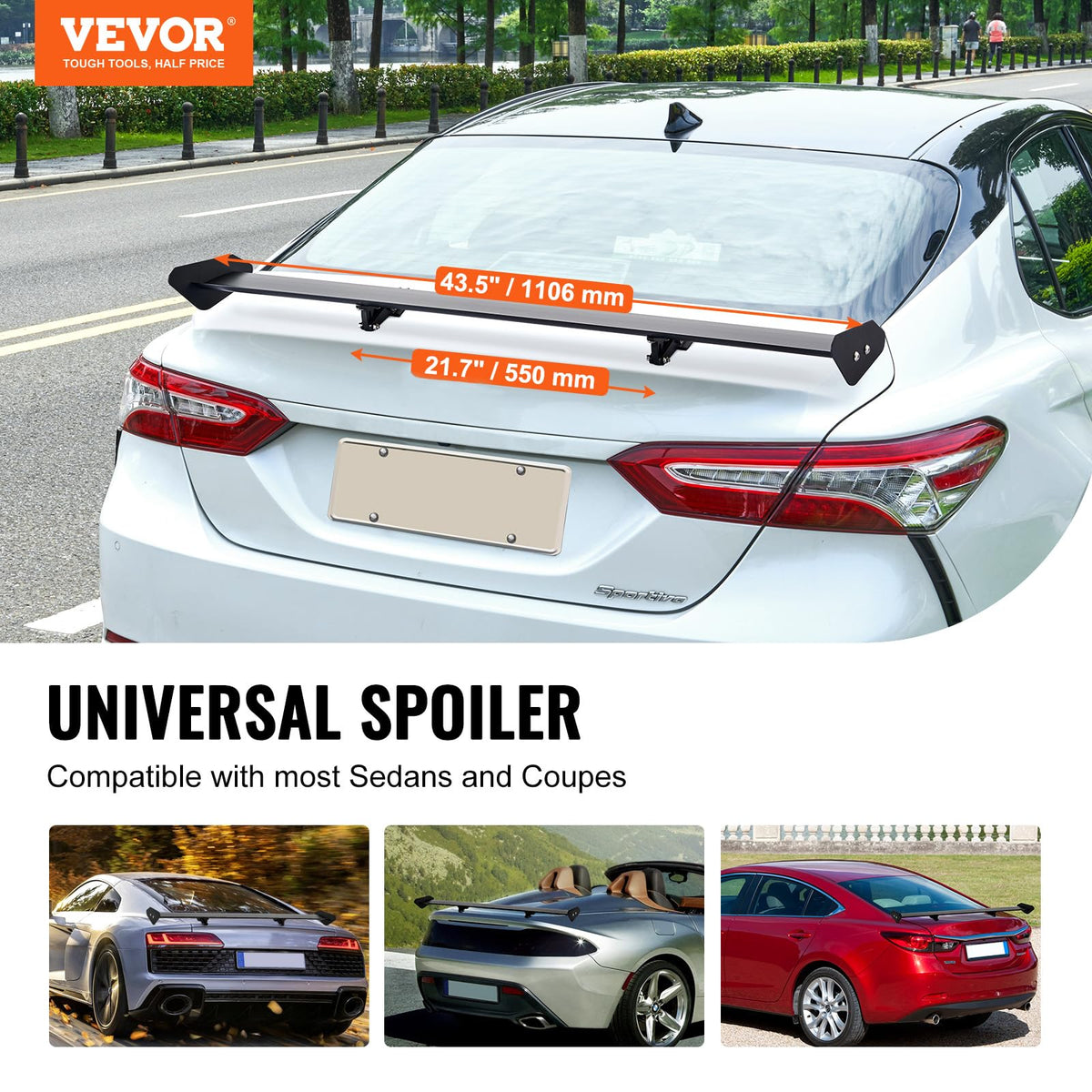 VEVOR Alerón de Automóvil Universal 1106 x 220 x 130 mm, Aluminio Ajustable, Negro Mate