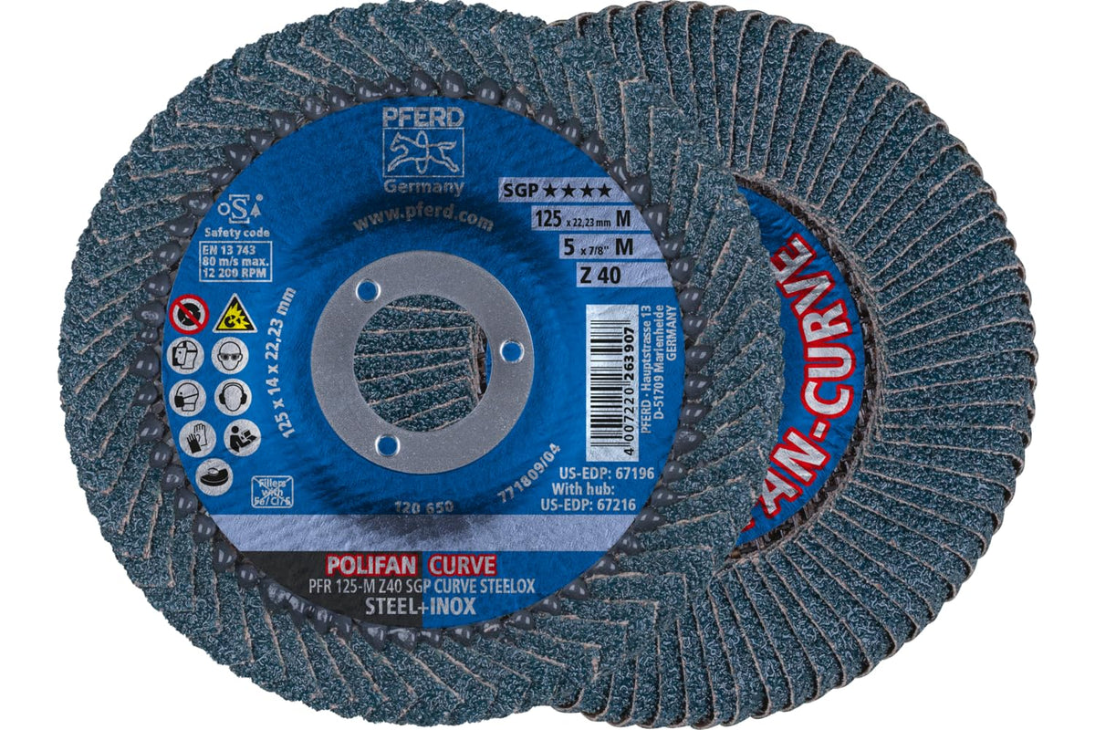 PFERD POLIFAN® - Disco de aleta de tipo radial curva, 5 x 7/8 pulgadas, circonita de grano 40, accesorio de soldadura y accesorio de amoladora angular - para molienda de acero y acero inoxidable - 5" x 7 - 8" Medium - Agujero central - Zirconia 40
